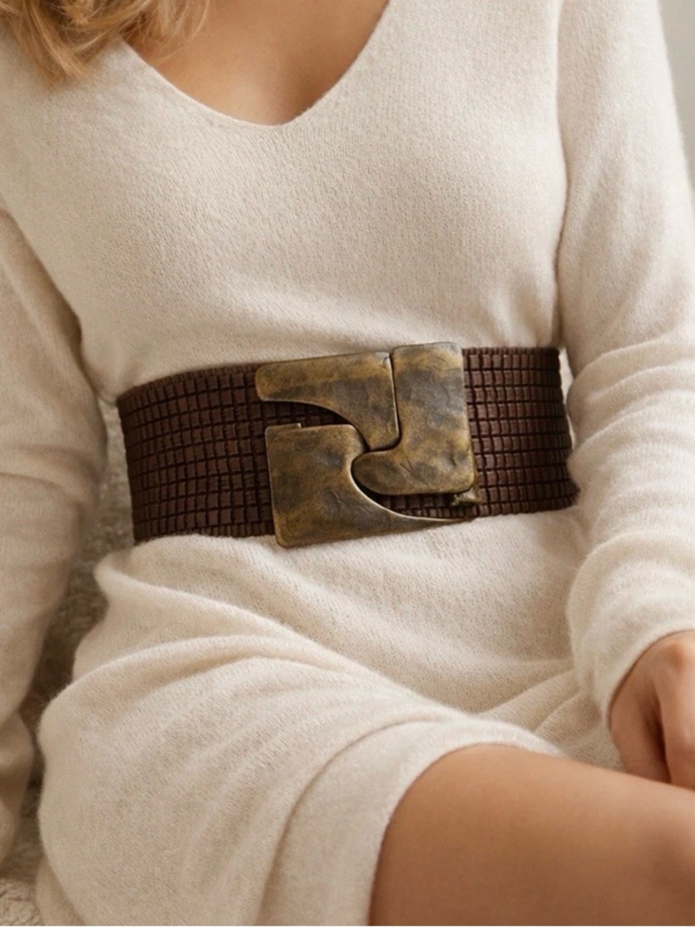 Wide Brown Woven Leather Belt Statement Abstract Buckle Boho Waist Stretch